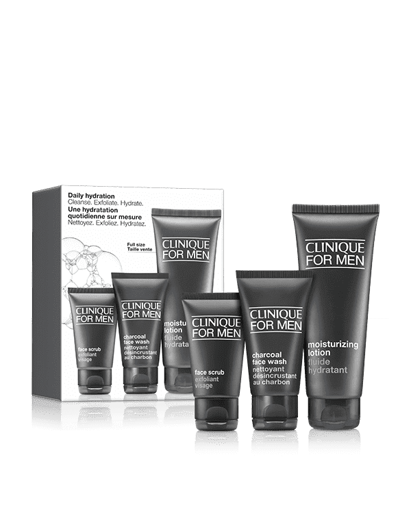 Coffret hydratation quotidienne : Nettoyer. Exfolier. Hydrater., Des soins de la peau simples à privilégier pour une sensation et une allure impeccable. Une valeur de 71 $.