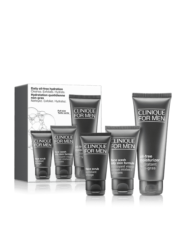 Coffret hydratation quotidienne sans huile : Nettoyer. Exfolier. Hydrater, Tout ce dont il a besoin pour nettoyer, exfolier et hydrater sa peau grasse. Une valeur de 71 $.