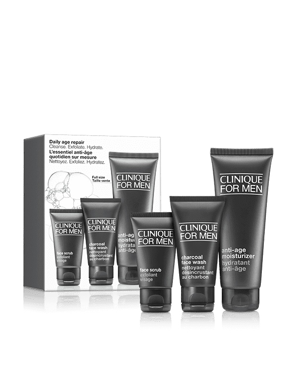 Ensemble Anti-âge quotidien : Nettoyer. Exfolier. Hydrater, Tout ce dont il a besoin pour une peau fraîche et d’apparence plus jeune. Une valeur de 81 $.