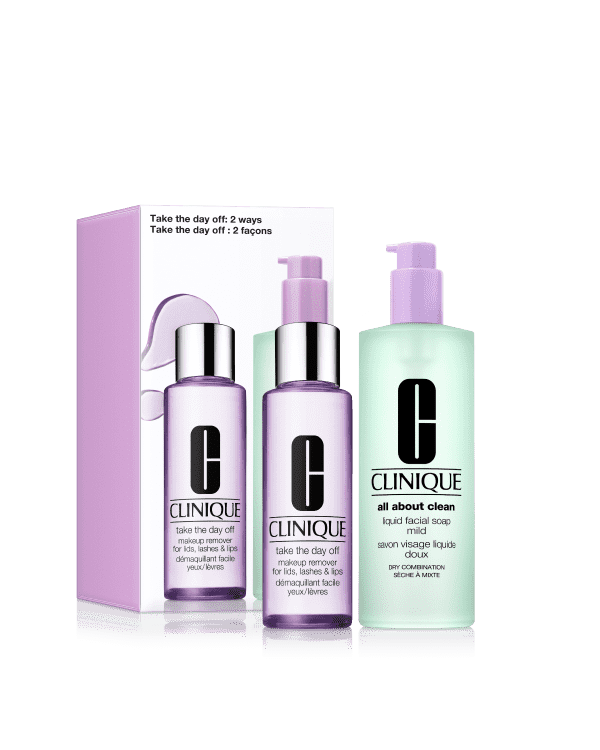 Take The Day Off Two Ways Set, &lt;b&gt;&lt;span style=&quot;color: #ba0000;&quot;&gt;Excluded from discounts.&lt;/span&gt;&lt;/b&gt;&lt;br&gt;Two big ways to come clean: Le démaquillant et le savon liquide pour le visage prisés de Clinique, tous deux en format géant.
