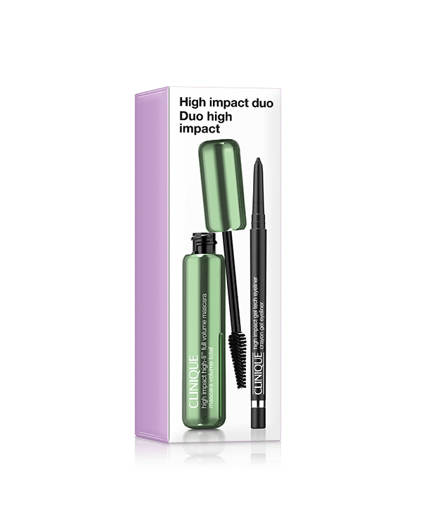 High Impact Duo, A bold eye makeup duo featuring a super volumizing mascara and waterline-safe eyeliner. Une valeur de 74,00 $.