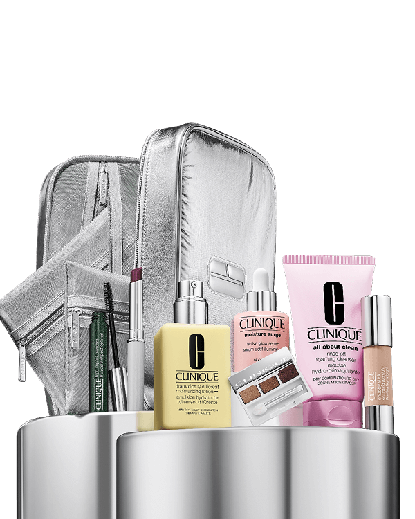 Glow On The Go Set – $90 With Any Purchase, &lt;b&gt;&lt;span style=&quot;color: #ba0000;&quot;&gt;Excluded from discounts.&lt;/span&gt;&lt;/b&gt;&lt;br&gt;7 glow essentials in a 3-in-1 beauty bag, featuring Clinique’s most-loved makeup and skincare.